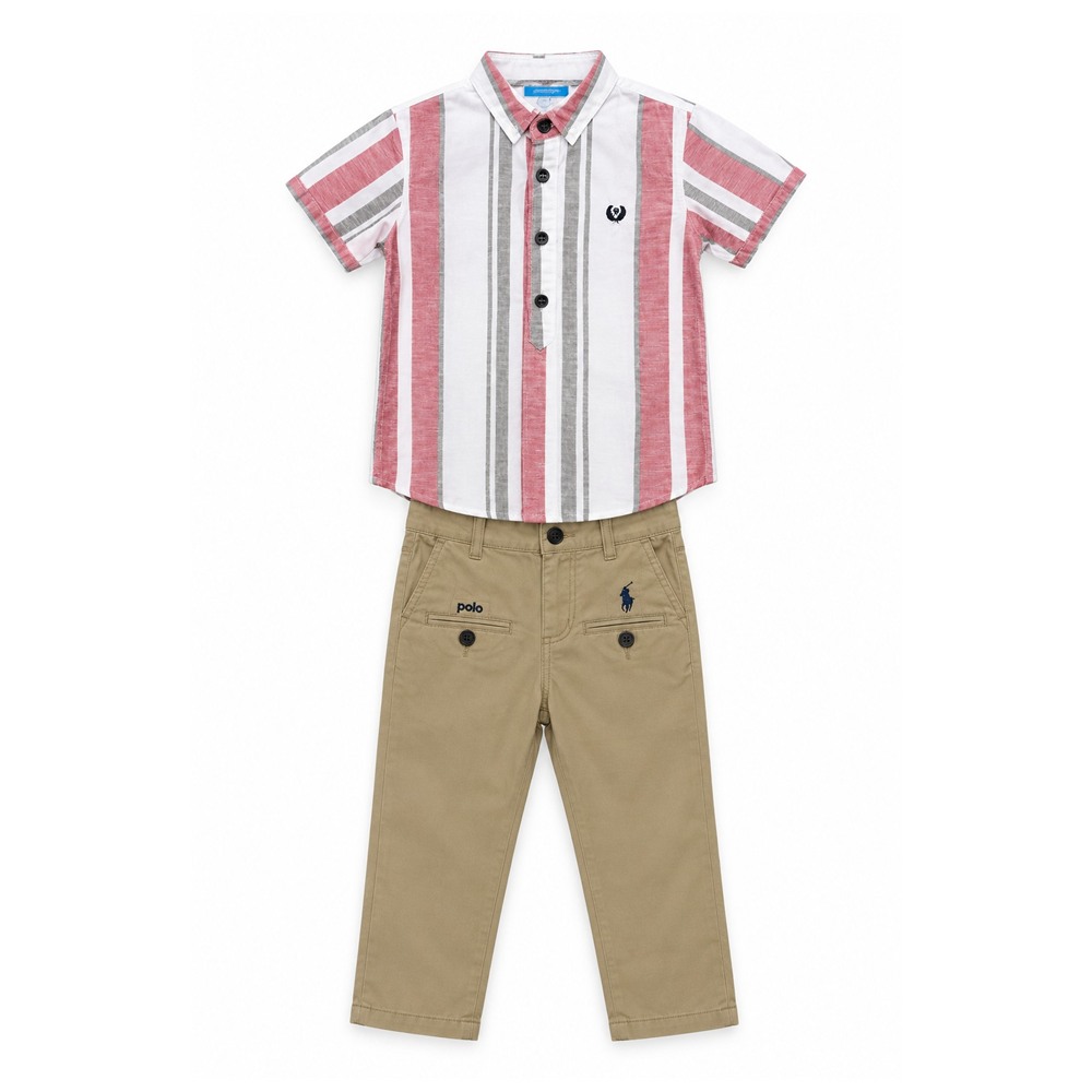 Ensemble Chemise Rayée Rouge & Pantalon Chino Beige