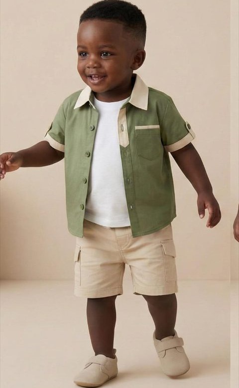 Ensemble Chemise Vert Sauge, T-shirt & Short Cargo Beige