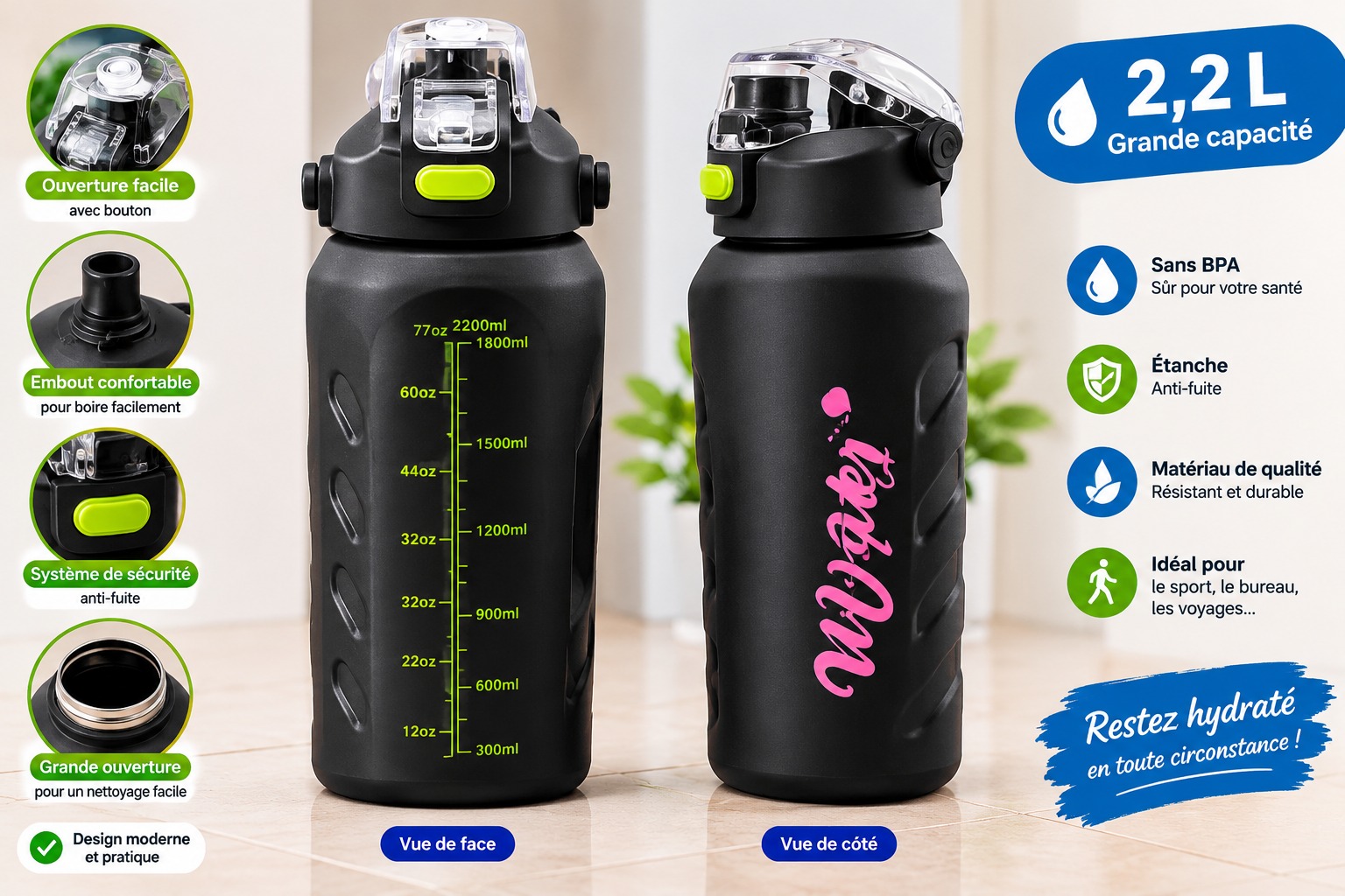 Gourde Sport 2,2 L Noire