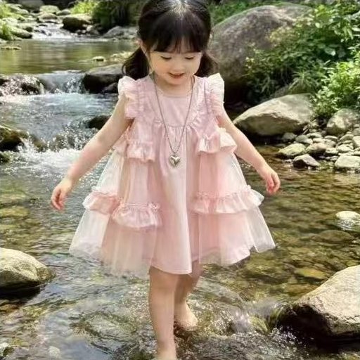Robe Volants Superposés Rose Bonbon